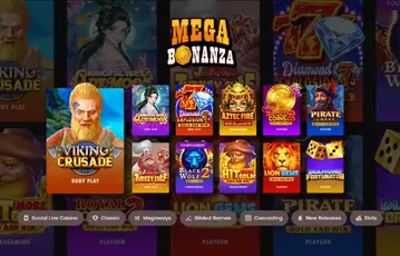 Mega Bonanza slot game lobby with Viking Crusade featured
